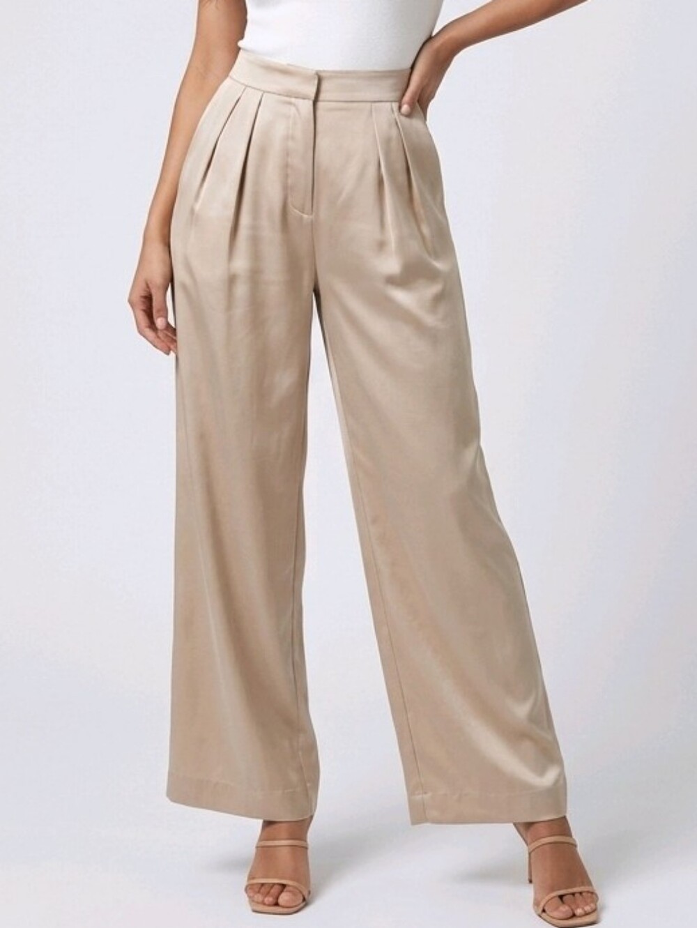Banana Republic Wide Leg Pants Womens 4 Beige Satin Pleated Lightweight Back Zip